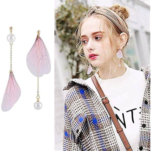 Boho Lettværende Unike Asymmetriske Sommerfuglvinge Ørepynt Med Lange Perle-Hengende Chiffon-Stoff Ørepynt Med Libellevinger Tråd For Kvinner Jenter Ferie