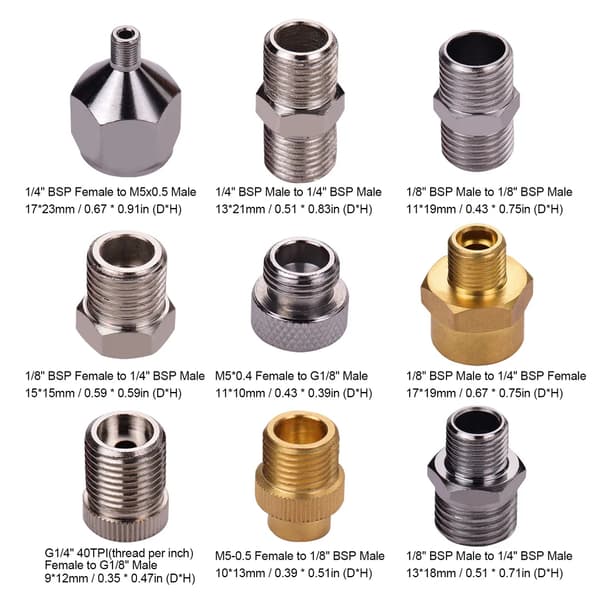 9-delad luftborstadapterkit, multistorlek, luftborstadapter, luftslangkoppling, kompatibel med Badger Paasche Airbrush