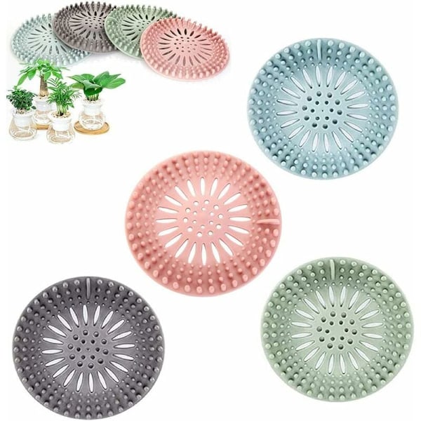 Hår Silicone Filter, Afløbsfilter til Afløbsbeskyttelse til Badeværelse og Køkken, Badeværelse, Nem at Rengøre Pakke med 4 (Pink, Blå, Grøn, Grå)