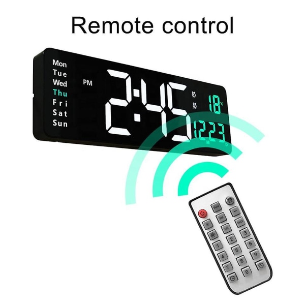 Digital väggklocka stor display, LED digitalklocka med temperatur och automatisk dimning, enkel spårning av tid, datum och veckodag, med fjärrkontroll