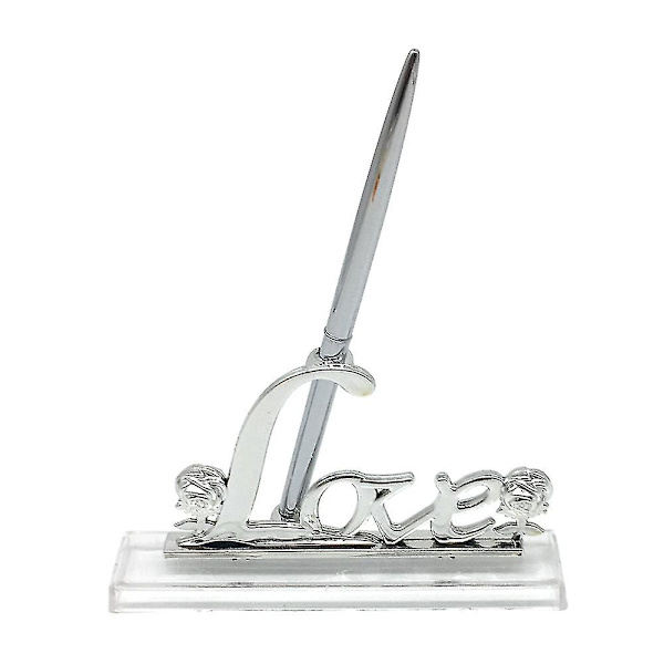 Bröllopssigneringspenna med guldpläterad metall Kärlekshållare Festpenna Set Bröllopsförlovningsdekoration Tillbehör (silver)-26-1