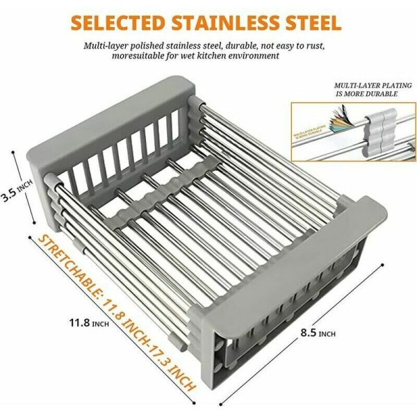 Udtrækkelig opvaskestativ, opvaskestativ over vasken, opvaskestativ og frugthylde, rustfrit stål til køkken, kraftig opvaskebakke (grå), LO-Ron