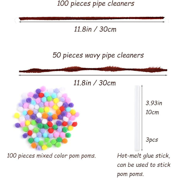 100 st Chenillepinnar Piprensare + 100 st Färgglada Knubbiga Piprensare och Pompoms, Limstift, Piprensare DIY Hantverkssats för Kreativt Hantverk