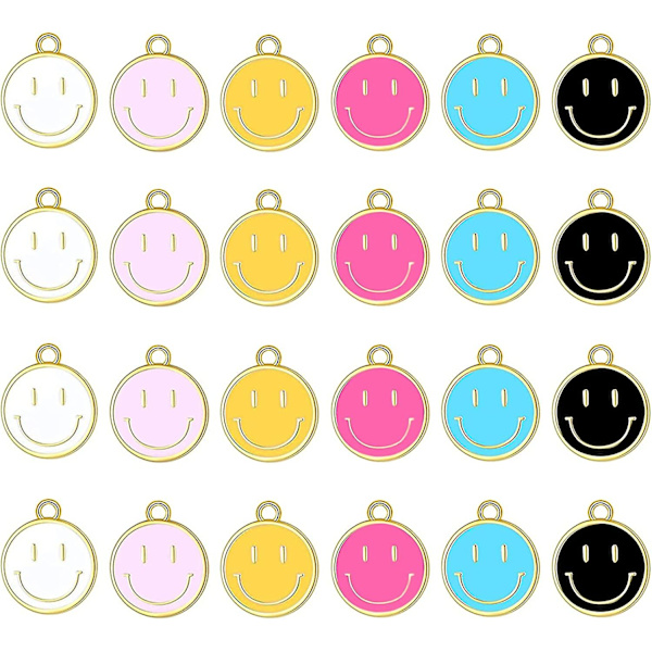 24 st Smiley Face-berlocker för smyckestillverkning, Färgglada Glad Ansikte-berlocker Blandade Söta Ting Legering Hängsmycken för DIY Halsband Armband Örhänge Nyckelring M