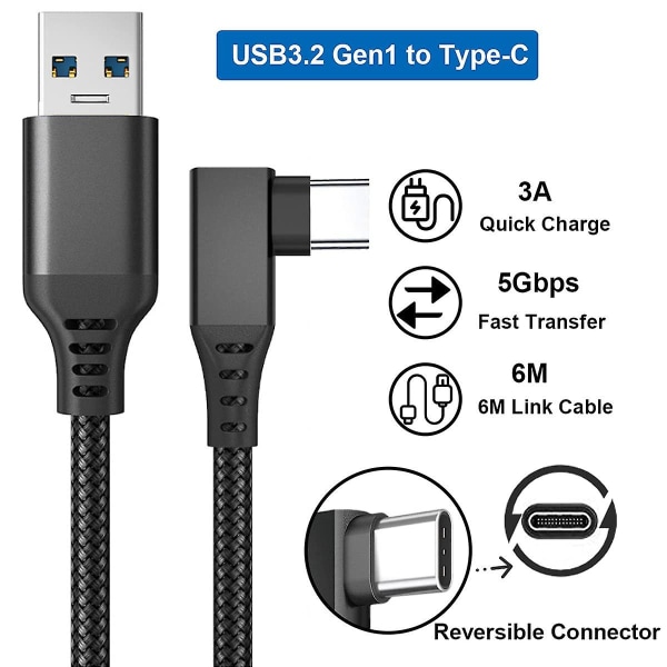 Länkkabel för Oculus Quest 2, snabbladdning & PC-dataöverföring USB C 3.2 Gen1 5gbps Pd-överföringsladdningskabel Vr Headset Link-kabel 3MBsvart