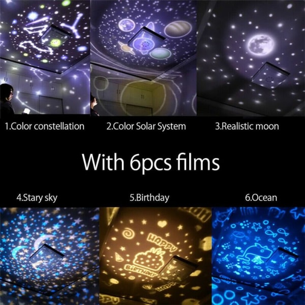 LED projektor stjernehimmel lys LED projektor lys nat lys børnegave 6 film LED projektor stjernehimmel lys