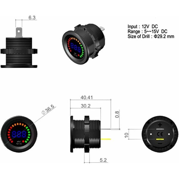 12V digital voltmeter med LED-display, vattentät DC-voltmeter, digital rund panel för båt, fordon, motorcykel, lastbil, ATV, UTV, husvagn