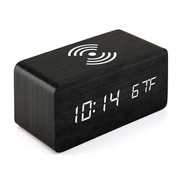 Digital väckarklocka FM-radio, 10 W snabb trådlös laddningsstation för iPhone/Samsung Galaxy, USB-laddningsport, väckningsljud, sovrumssömntimer, trä L