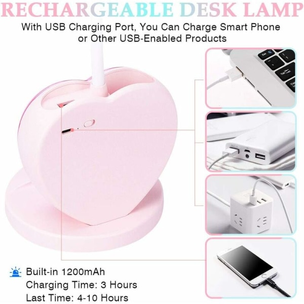 LED-bordslampa för flickor, ögonvänlig bordslampa med pennhållare, laddningsbar USB port, 2 färgtemperaturer för tonårspojkar, rosa