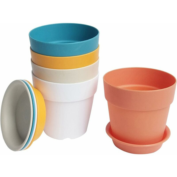 5 stk. farverige mini-plastpotter med underskåle, hjem og have blomsterpotte, topdiameter 9,5 cm, højde 9 cm, bunddiameter 6,5 cm