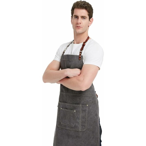 Unisex i grå denim med läderrem, för matlagning och grillning, med fickor, storlek M
