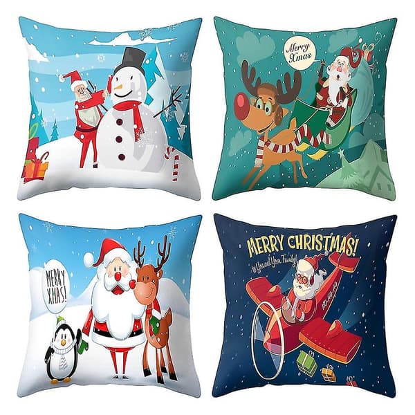 Jultryckt Kuddfodral Polyester Soffa Bil Kuddeöverdrag Heminredning 4st