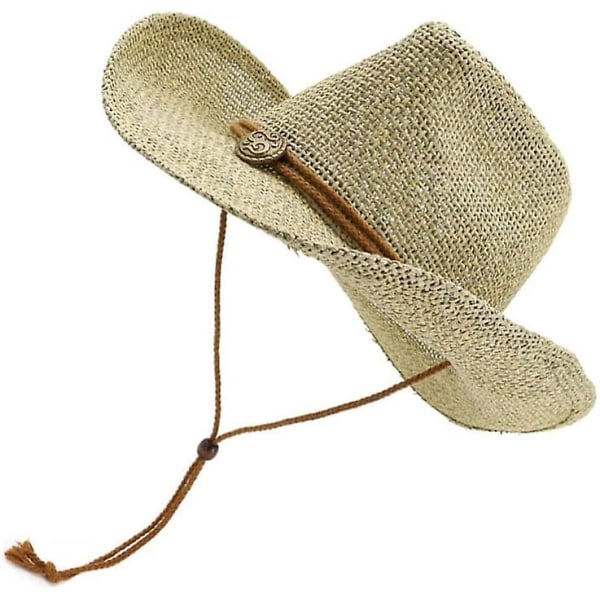 Utomhus cowboy halmhatt bred brättad solhatt med vindtät snöre som andas casual strandhatt (khaki färg)