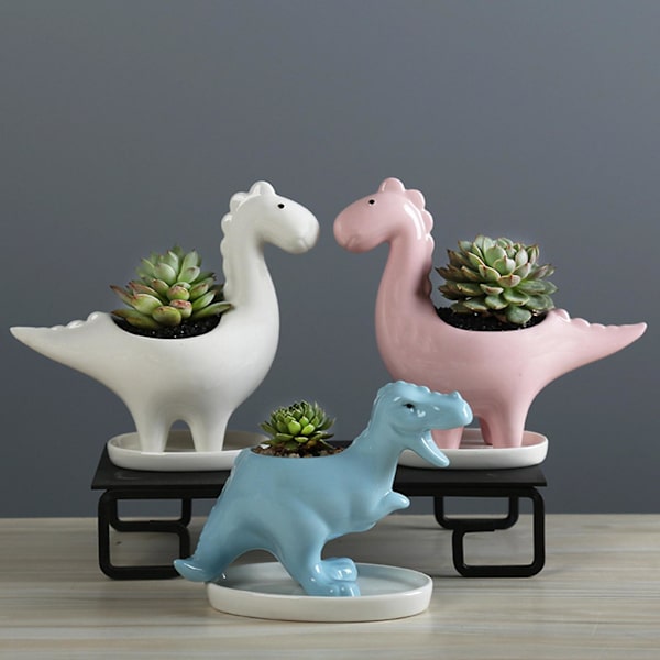 Söta dinosaurie-succulent planterkruka med dräneringsbricka i keramik, behållare för kaktusblommor, djur-bonsaihållare
