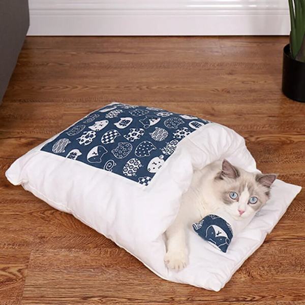 Katt sovsäck, kattsäng ihålig, söt kattsäng med avtagbara kuddar, mjuk husdjursmatta, maskintvättbar husdjurssäng, blått kattmönster-S