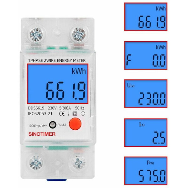 LCD Digital Elmätare 5 (80) A 230V Kalibrerad AC Elmätare DIN-skena Kilowatt Timmätare