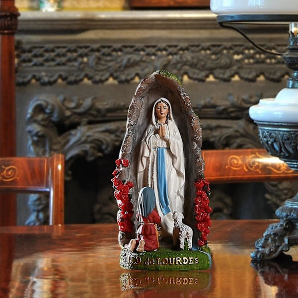 Beibei - Jungfru Maria Välsignad Moder Staty, Vår Fru av Lourdes Med St Bernadette Och Lamm Hartsfigurer, Helig Skulptur Religiös Gåva Katolsk C