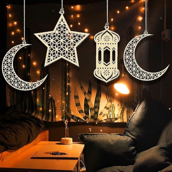 8 st Islam Ramadan trähänge prydnad, ramadan Kareem dekoration, månen Star Wind Ljus form hänge prydnad för muslimska Ramadan Mubarak Eid Party