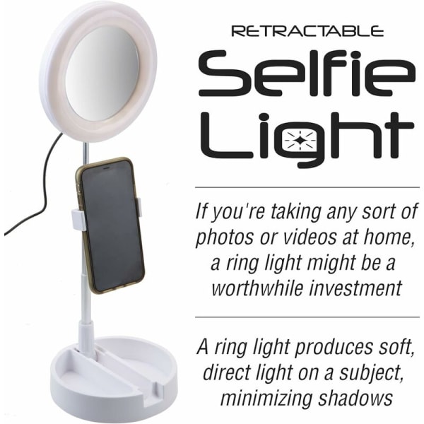Pyöreä selfie-rengasvalo säädettävällä jalustalla ja puhelintelineellä, 7 tuuman taitettava LED-rengasvalo