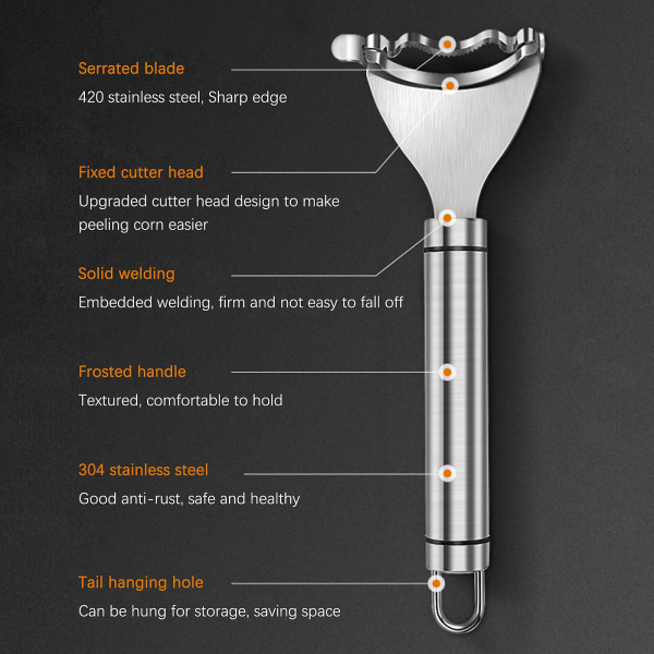 Ruostumattomasta teräksestä valmistettu maissinkuorija, jossa on puolikaareva muotoilu ja kolme terää maissinjyvien tehokkaaseen poistamiseen - täydellinen koti- ja ulkokäyttöön