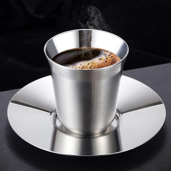 Set med 2 80 ml espressokoppar i rostfritt stål termokopp isolerade te-kaffekoppar dubbelväggig mockakopp med rostfritt stål underlägg