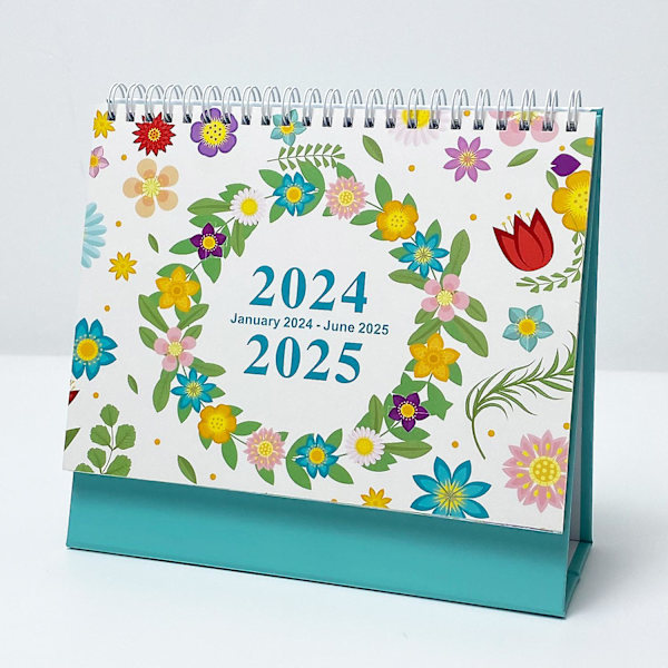 Januar 2024-juni 2025, Forårsblomster i engelsk kreativ simpel skrivebords kalender 18 måneder 365 dage nedtælling månedlig planlægning krønike kalender