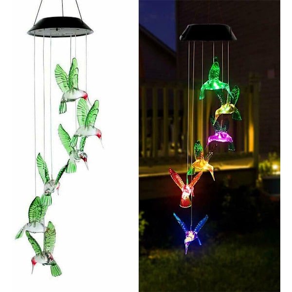 LED-aurinkokellopeli ulkona, väriä vaihtavat kolibrin tuulikellot puutarhan koristelahjoihin kotijuhliin