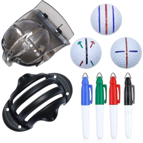 6-pack golfboll linjemarkering ritverktyg golfboll linjemarkering verktygssats - 2 golfboll linjemarkering stenciler och 4 färgade markörer