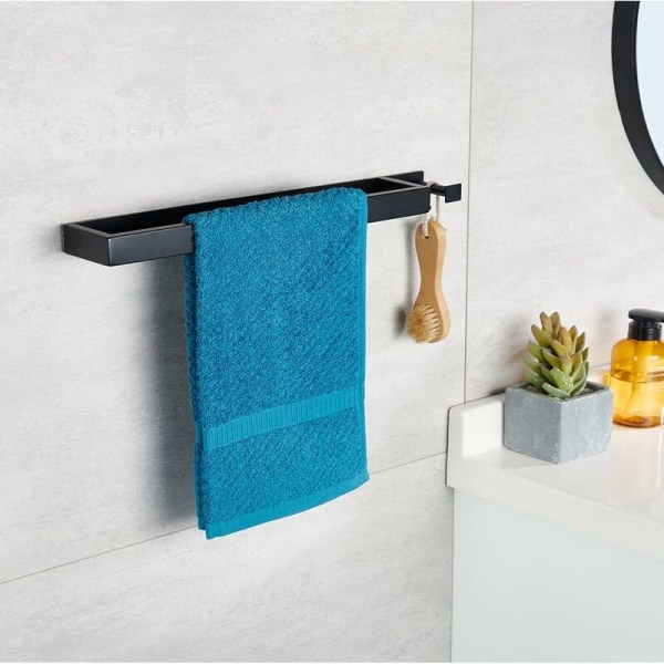 Håndklædestang uden boring mat sort - 304 rustfrit stål med håndklædestang - med krog - selvklæbende 50 cm - til badeværelse