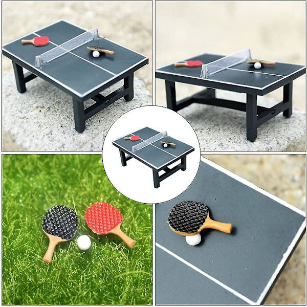 Bordtennisset i trä för dockhus, miniatyrmodell för dockhus, dekoration för älvträdgård