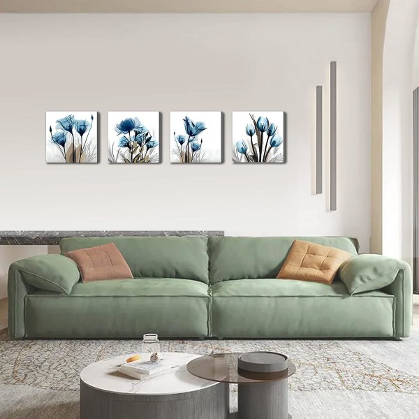Blå canvas väggkonst för vardagsrum, modern blomram, badrumsvägg, 4-delad uppsättning