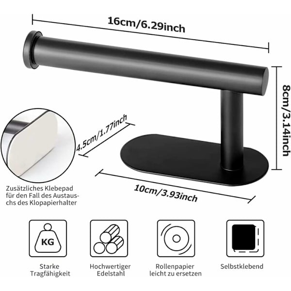 Toiletpapirholder, Premium No Drilling Holder, Rustfrit stål Vægmonteret køkken og badeværelse Toiletpapirholder, Sort
