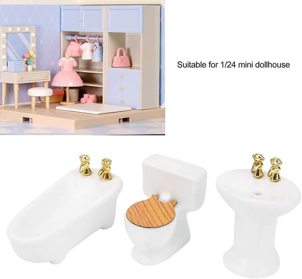 3-delad 1:24 dockhusbadrumsmöbelset, simulerad keramisk toalett handfat set (vit)