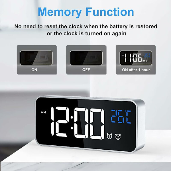 Digital väckarklocka, LED digital väckarklocka med temperatur/snooze/2 larm/12/24 timmar/USB-laddningsport/16 musik (Silver)