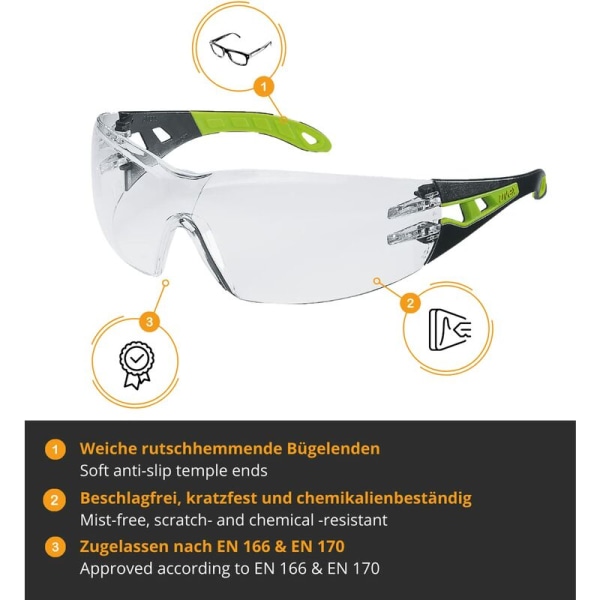 Beskyttelsesbriller, farveløs pc-linse, EN 166 & 170 standarder, anti-dug linser, modstandsdygtig over for ridser - kemikalier, anti-UV400 beskyttelse, letvægts