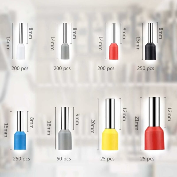 Elektrisk kontaktsats 1200 stycken, krimphylsor dimensioner 0,25-10 mm, PVC elektriska plintar, kontakter för att greppa änden av kablar