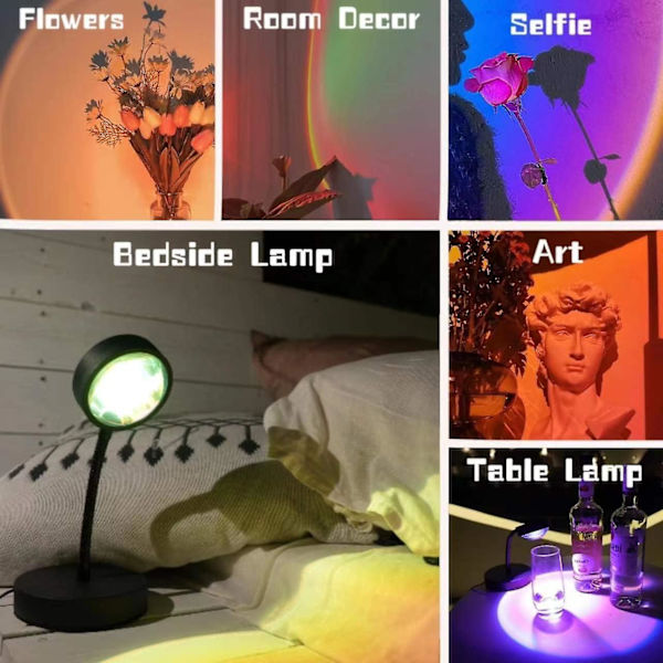 Solnedgang Lampe Projeksjon Led Lys For Soverom Måne Nattlys Sol Soloppgang Metall Sollys Lampe 10w Lamper Romdekor Julegaver Til Kvinner, Svart
