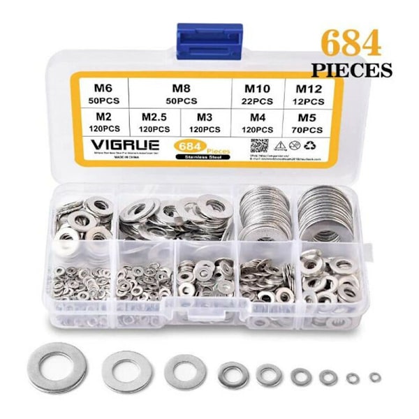 684 st bricka, 304 rostfritt stål bricka metall bricka sortiment bricka kit, bricka för skruvar säkra tvättmaskin skruvar sortiment