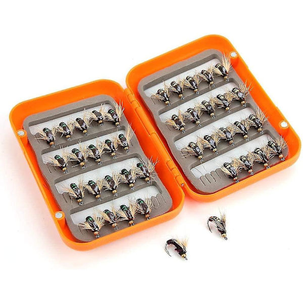 40 stycken realistisk flugfiske Öring Flugbete Krok Flugfiske Kit Box (guld, grön)