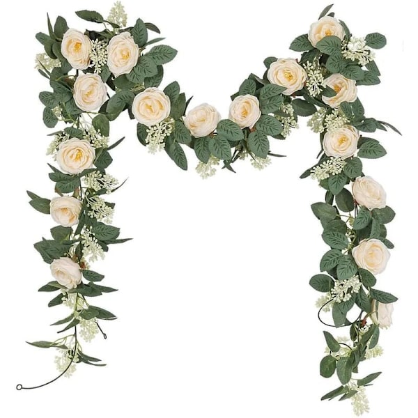 Kunstig rosenkrans med grønne blade 200 cm 2 stk. blomsterkrans til hjem og bryllupsdekoration