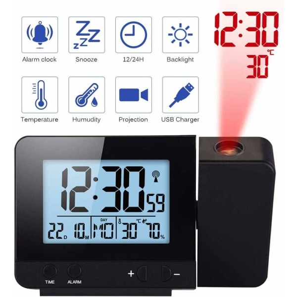 LED-väckarklocka med projektion, digital klocka med stor LCD-display, digital projektionsklocka med två larm, snooze-funktion, inomhustermometer