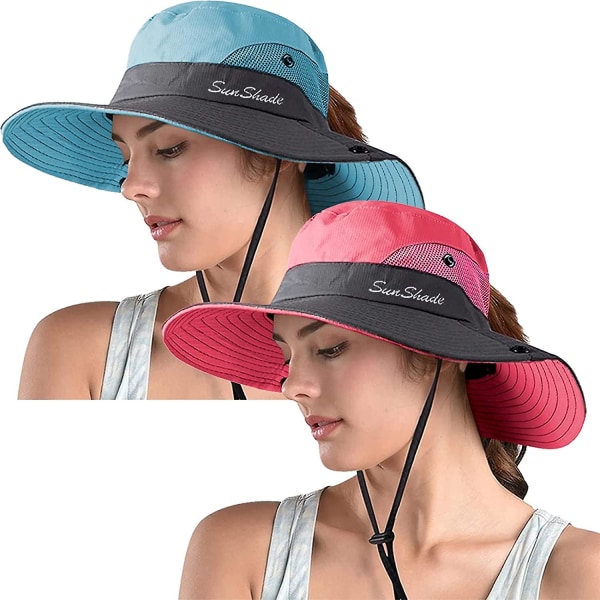 Hästsvans, bredbrättad anti-UV-hatt, vikbar fiskehatt för kvinnor (rosa + blå)