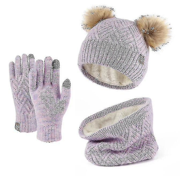 Barnmössa Halsdukshandskar Set Winter Knit 3 Set（Lila）