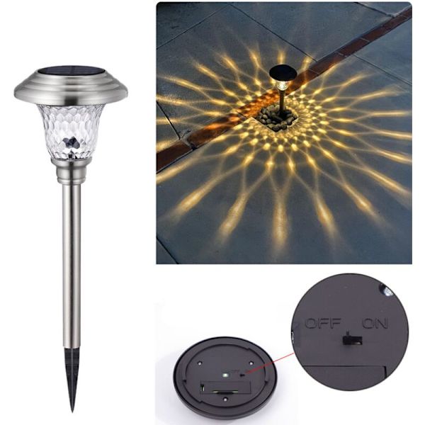Solar gräsmatta lampa utomhus solar gräsmatta lampa vattentät rostfritt stål glas LED trädgård landskap piedestal ljus lampa stående lampa, silver, varmt ljus