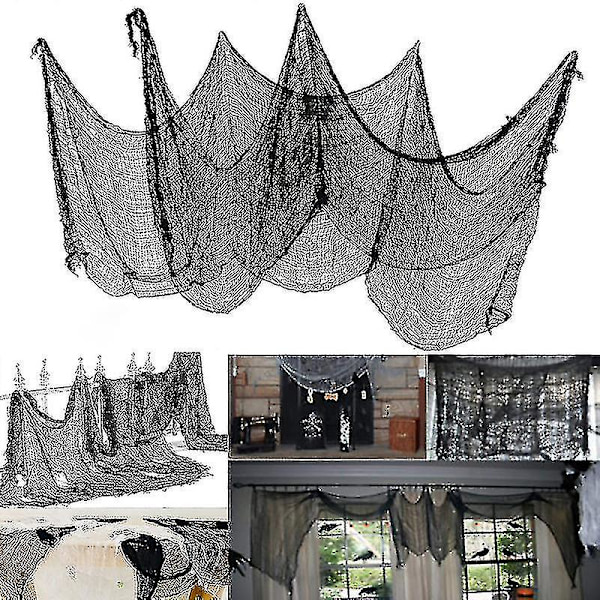 Halloween Stor Svart Rutnät Garn Tyg Halloween Fest Utomhus Inomhus Dekorationer Gotisk Spökhus Skräck Rekvisita Bordsduk（80* 600CM）
