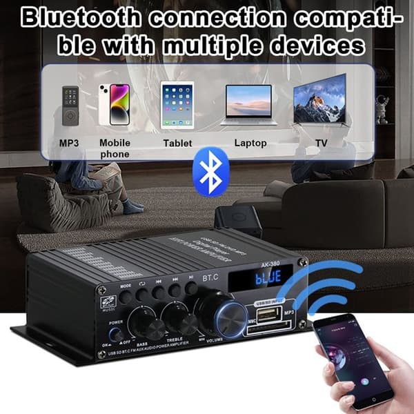 2-kanals 120W förstärkare med Bluetooth 5.0, USB/SD/FM, fjärrkontroll ingår, svart.