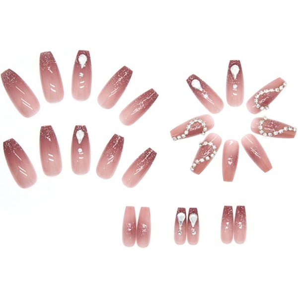 Manikyrset, Press-on Medium Nails, Glasfranska Spetsar, 24-delars Set med Falska Naglar