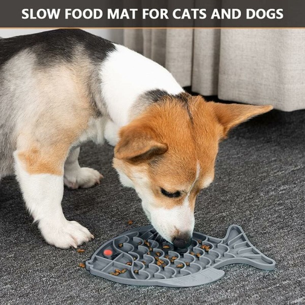 Slow food tallerken til kæledyr, slikkeplade til katte, anordning til langsom fodring, lavet af ikke-giftig fiskeformet sikkerhedssilikone, velegnet til katte og hunde (grå fisk)