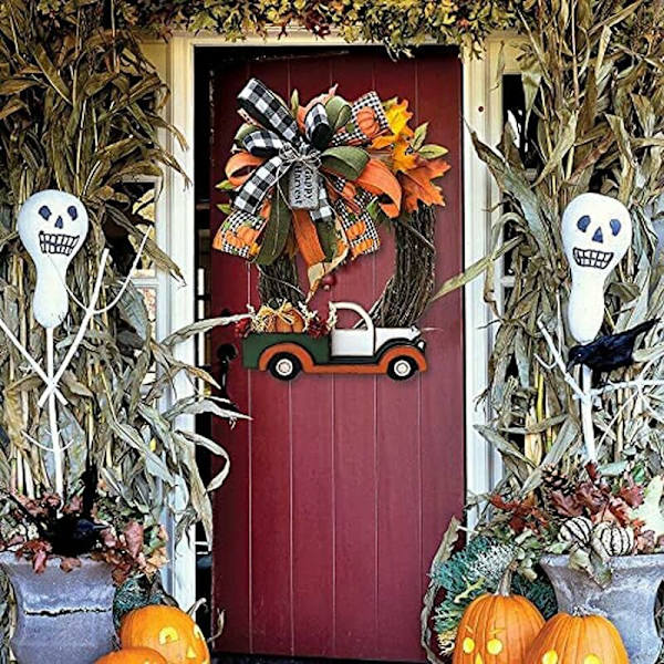 Konstgjord Solrosgirland Halloween Blomsterkrans, Höstlöv Girland Höstpumpor Inomhus Utomhus Framdörr Vägg eller Fönster Dekoration (B06)