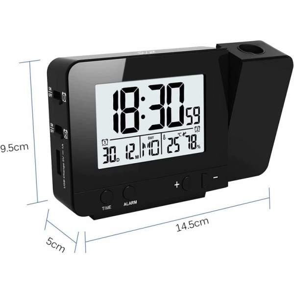 LED-väckarklocka med projektion, digital klocka med stor LCD-display, digital projektionsklocka med två larm, snooze-funktion, inomhustermometer